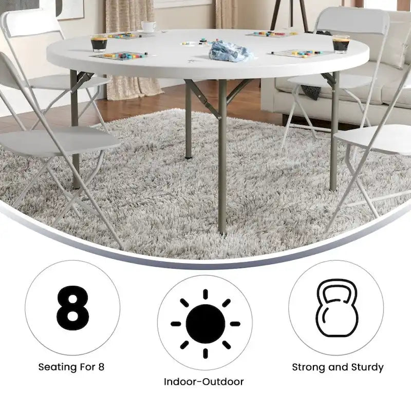 Table pliante ronde en plastique de 152 cm, blanc granit