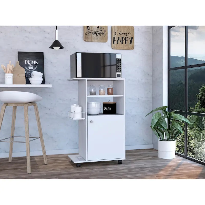 Dessertes de cuisine hautes avec plateau micro-ondes, 6 étagères et porte de placard, blanches