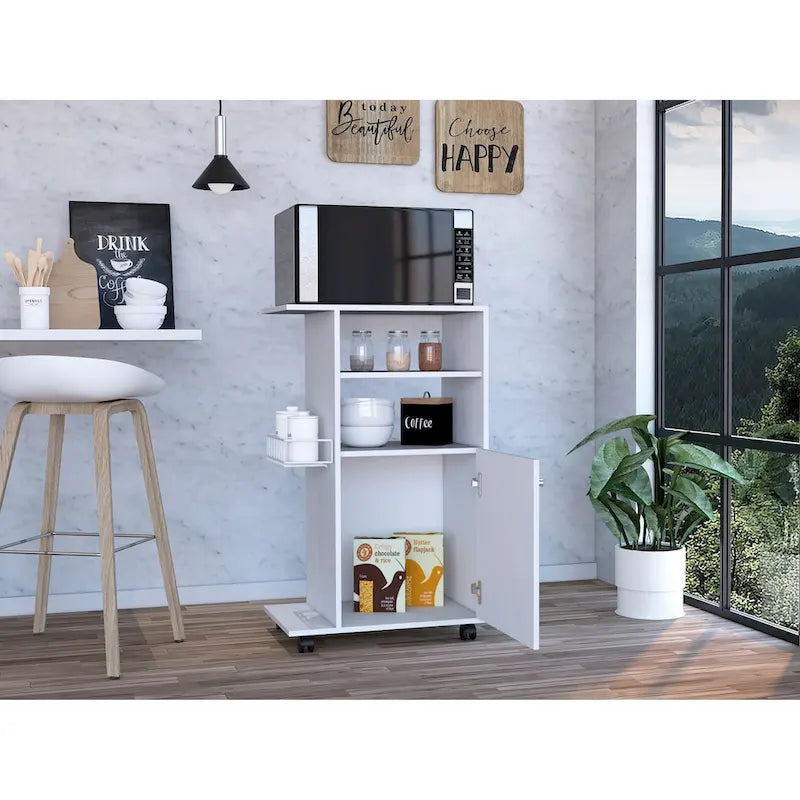 Dessertes de cuisine hautes avec plateau micro-ondes, 6 étagères et porte de placard, blanches