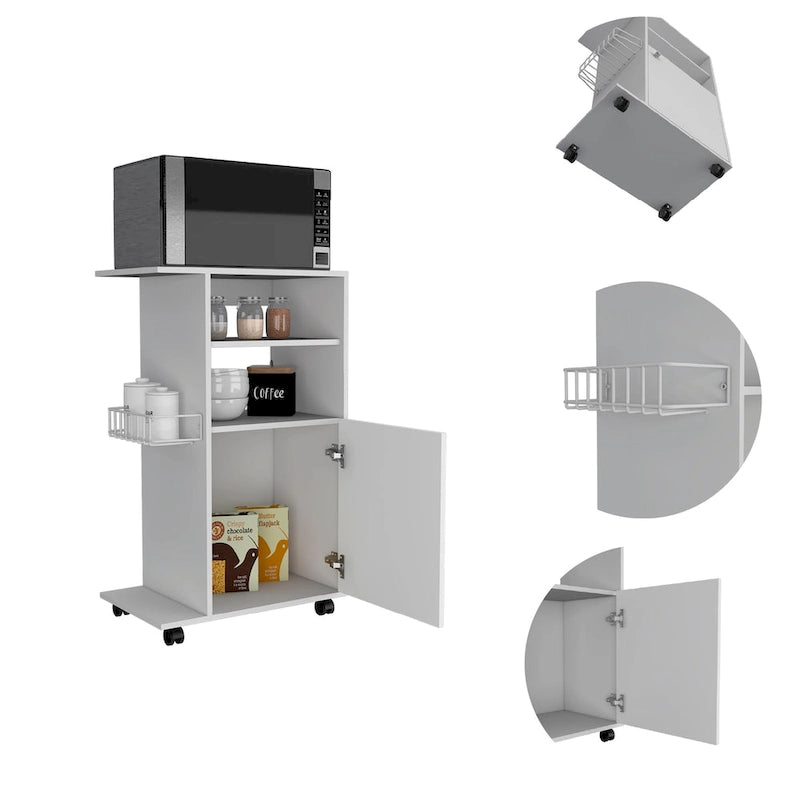 Dessertes de cuisine hautes avec plateau micro-ondes, 6 étagères et porte de placard, blanches