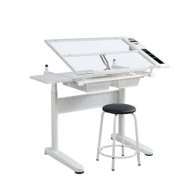Table de dessin et de traçage à hauteur réglable par manivelle avec tiroirs de rangement, blanche