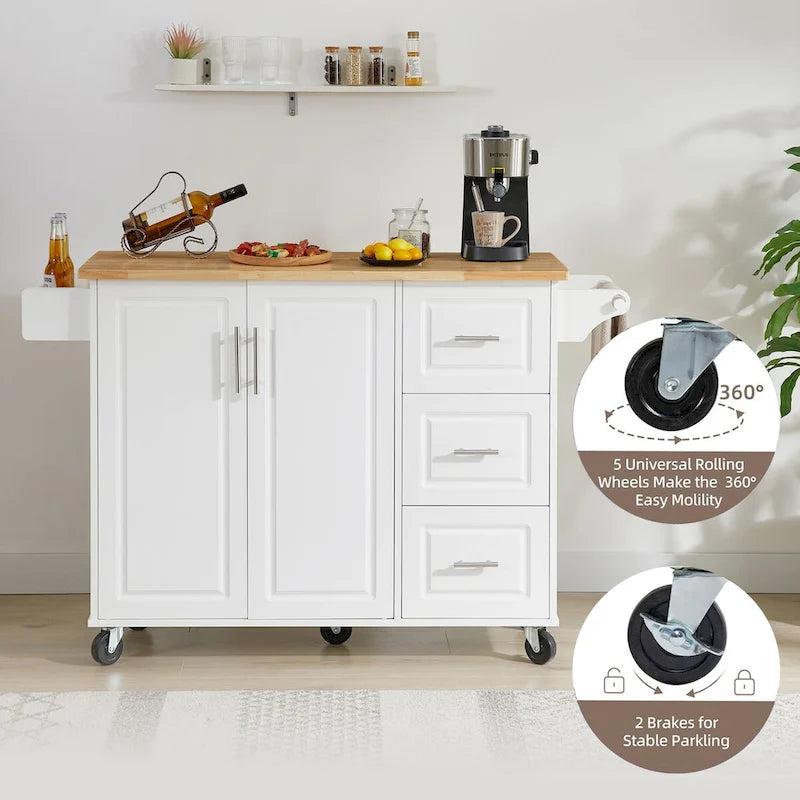 Dessertes de cuisine roulantes avec plateau en hévéa, 3 tiroirs et étagères de rangement internes