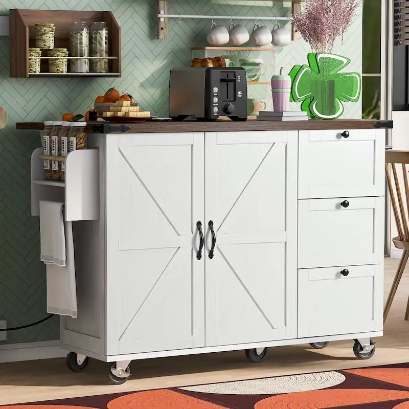 Îlot de cuisine roulant rustique avec abattant, prises électriques et portes de grange