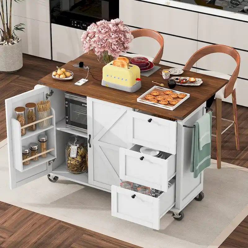 Îlot de cuisine roulant rustique avec abattant, prises électriques et portes de grange