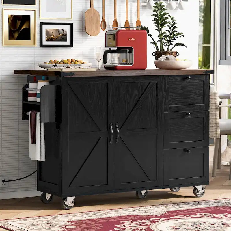 Îlot de cuisine roulant rustique avec abattant, prises électriques et portes de grange