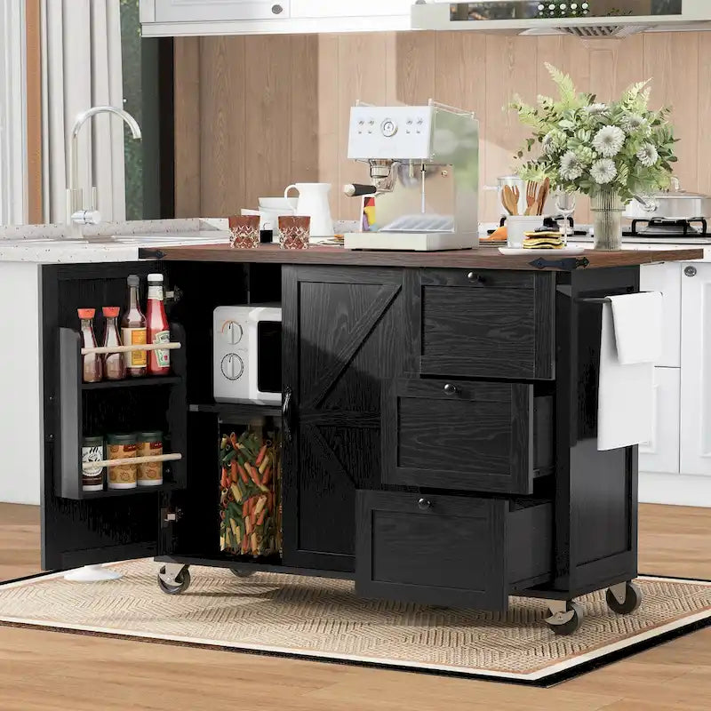 Îlot de cuisine roulant rustique avec abattant, prises électriques et portes de grange