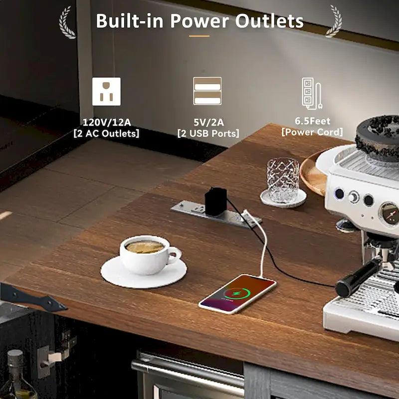 Îlot de cuisine roulant rustique avec abattant, prises électriques et portes de grange