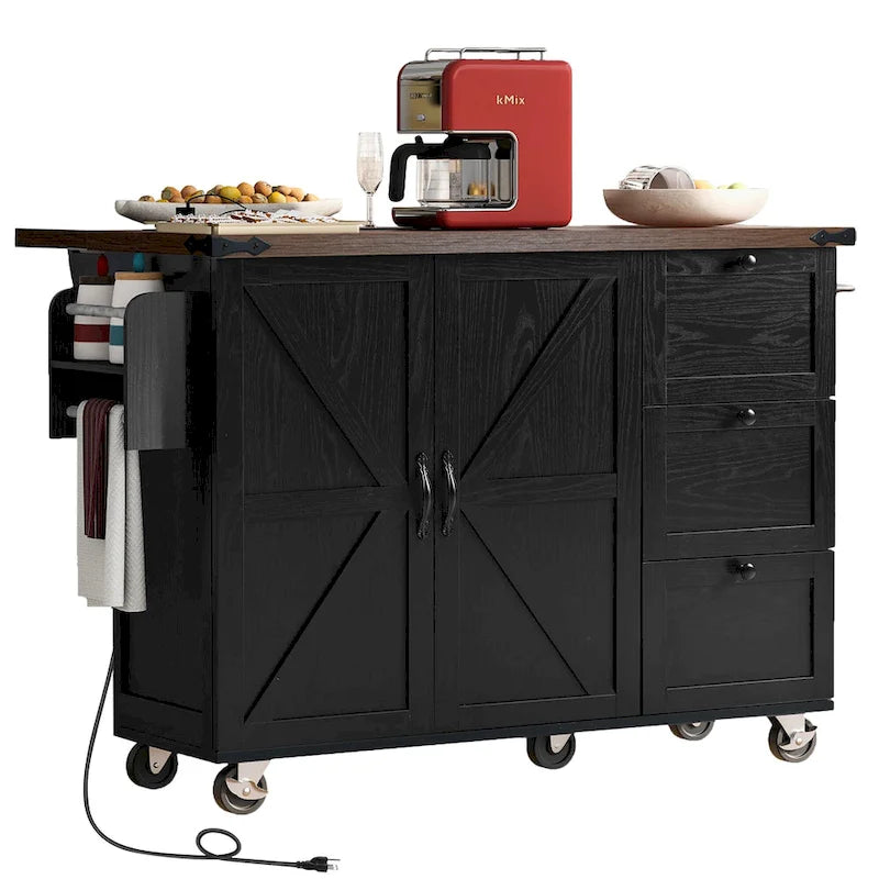Îlot de cuisine roulant rustique avec abattant, prises électriques et portes de grange