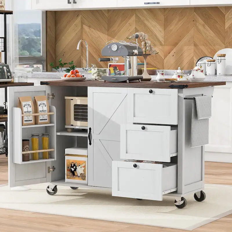 Îlot de cuisine roulant rustique avec abattant, prises électriques et portes de grange