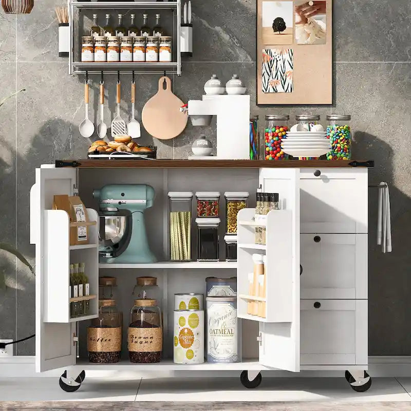 Îlot de cuisine roulant rustique avec abattant, prises électriques et portes de grange