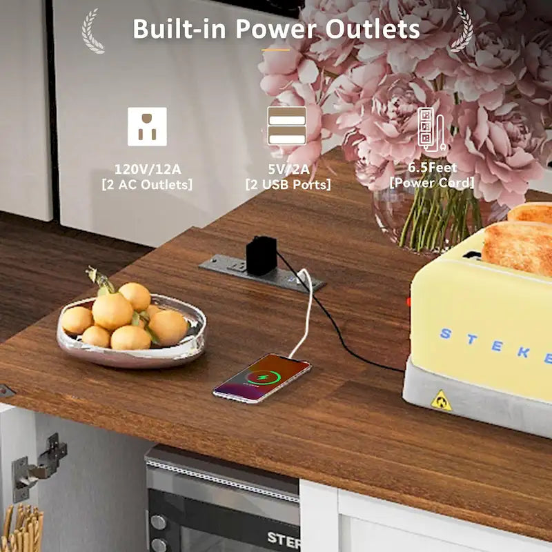 Îlot de cuisine roulant rustique avec abattant, prises électriques et portes de grange