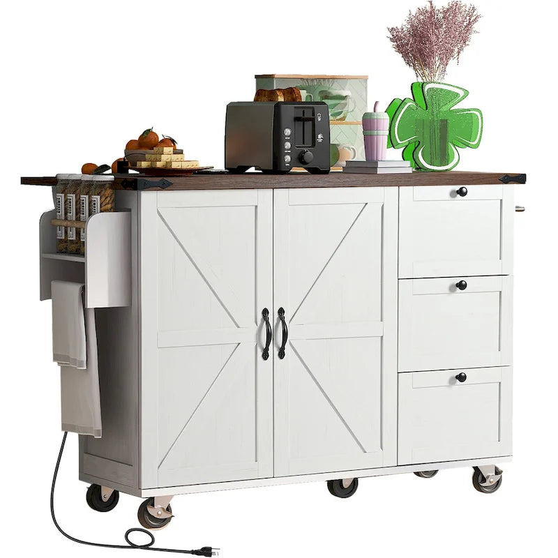 Îlot de cuisine roulant rustique avec abattant, prises électriques et portes de grange