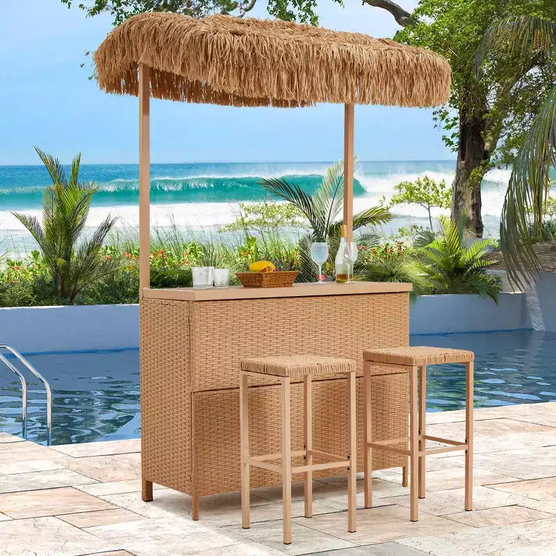Ensemble de bar de jardin extérieur EROMMY, bar de patio en osier avec 2 tabourets, étagère de rangement pour jardin ou bord de piscine